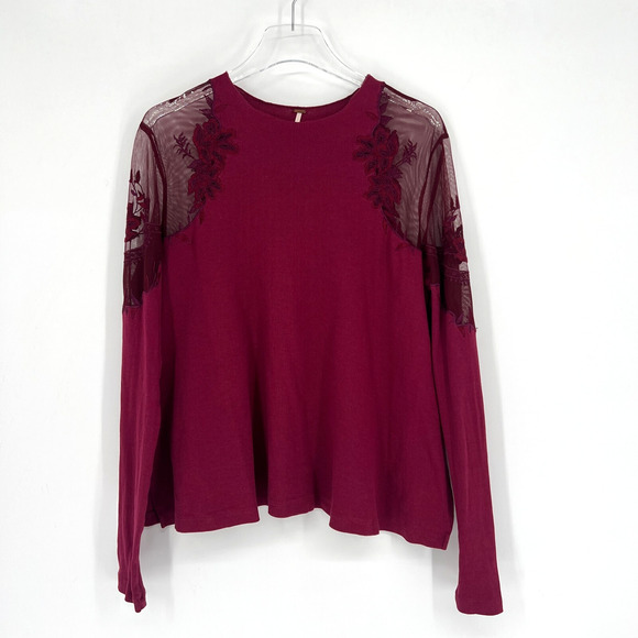 Free People Top Womens S Daniella Red Ribbed Mesh Floral Shoulder Embroidered - Picture 1 of 9
